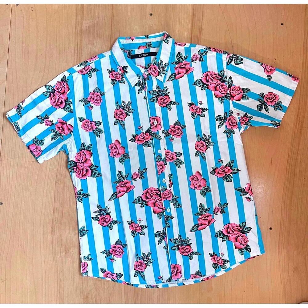 Joyrich Stripes & Roses Button Down Short Sleeve Shirt Mens XL Blue White Pink